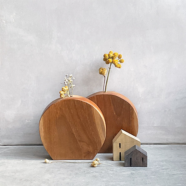 Handmade Flat Round Vase- Suar Wood