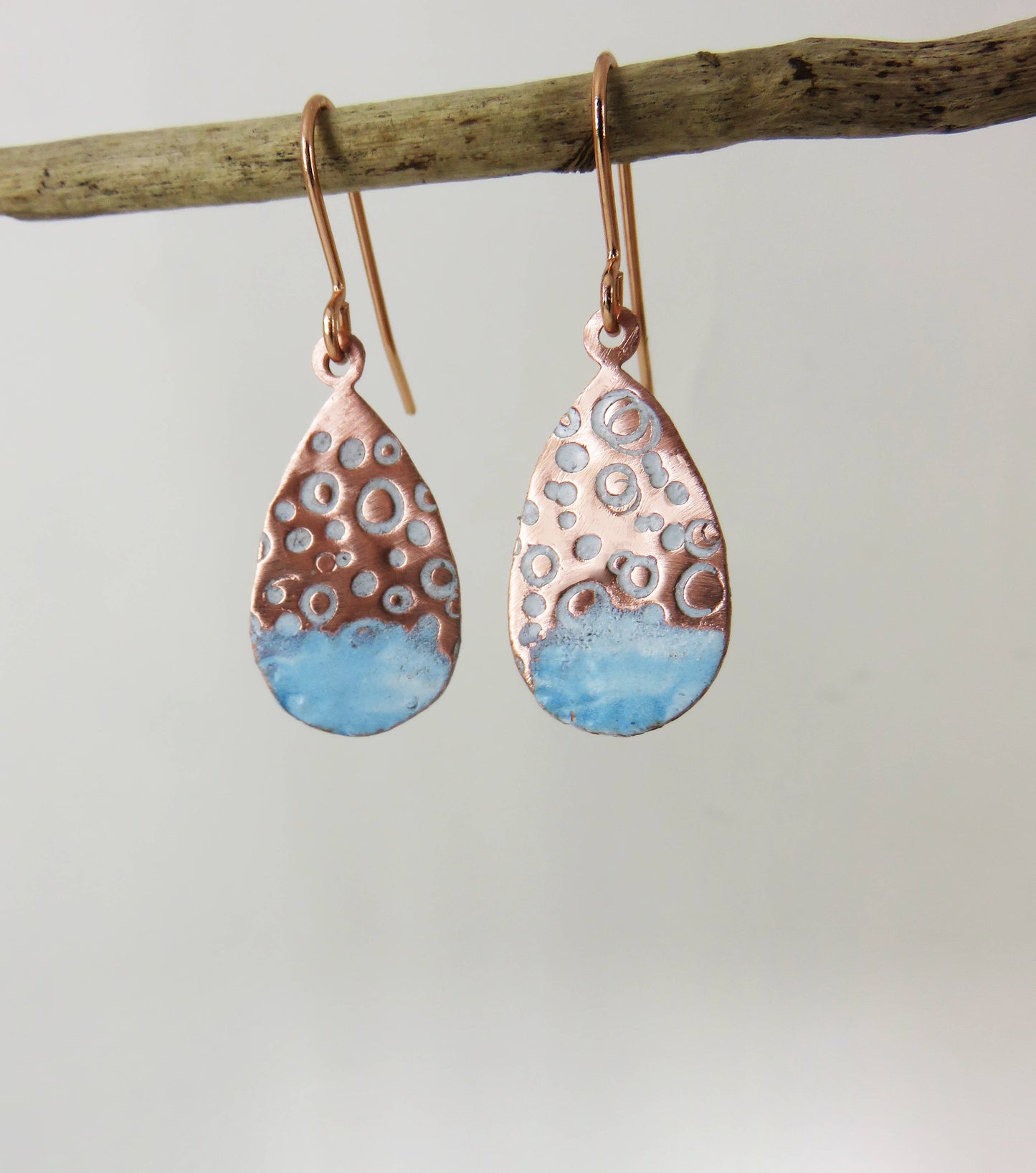 Enamel and Circle Textured Copper Dangle Earrings