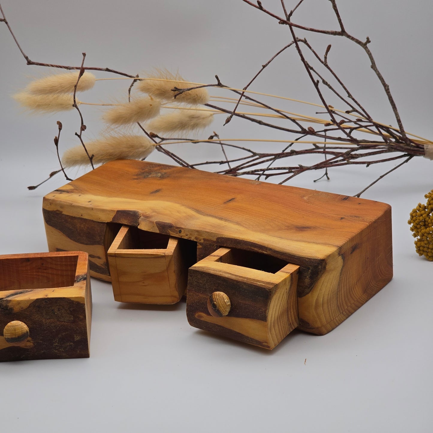 Natural edge wooden box, double with secret drawer - Yew