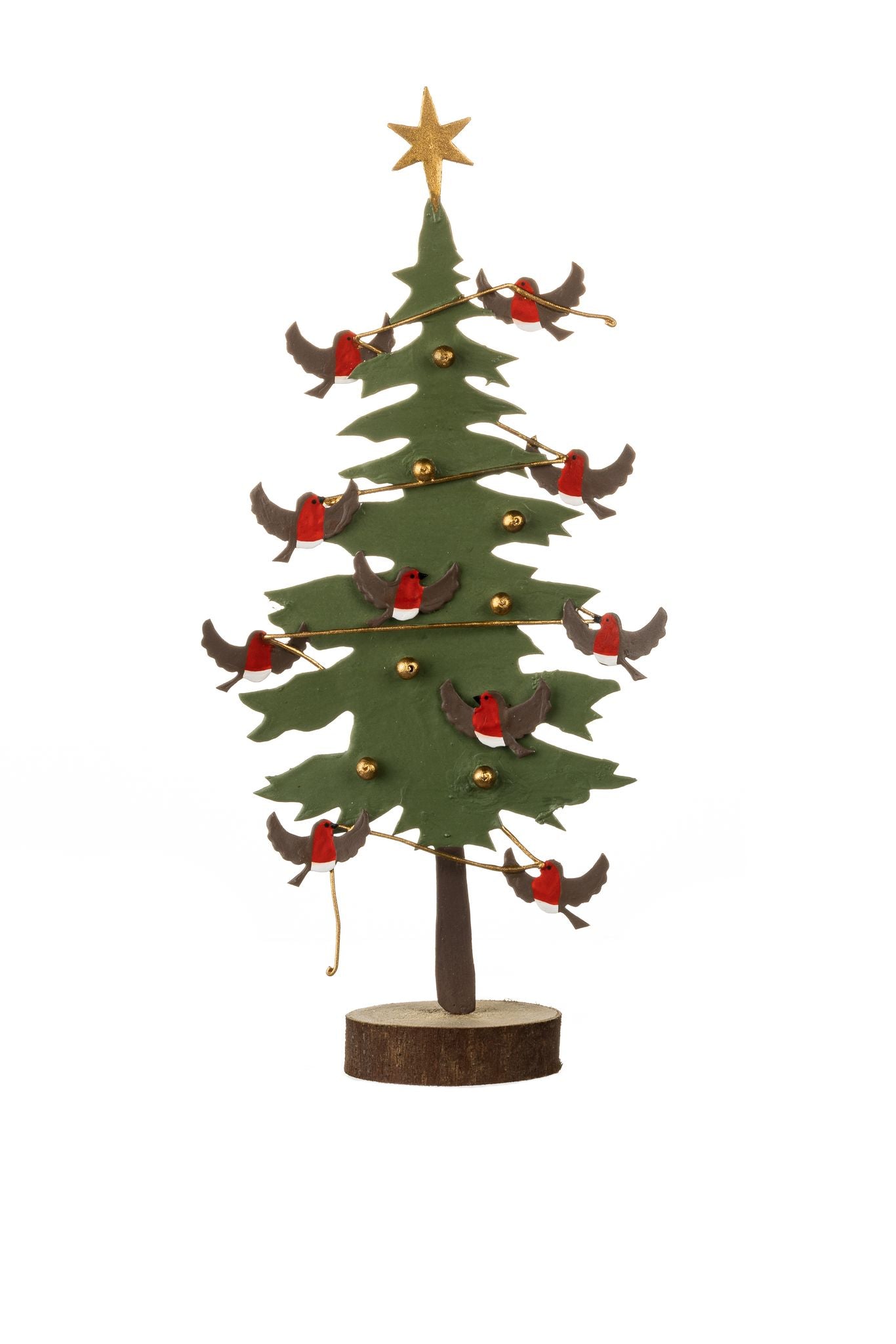 Robins dressing the tree on wooden block