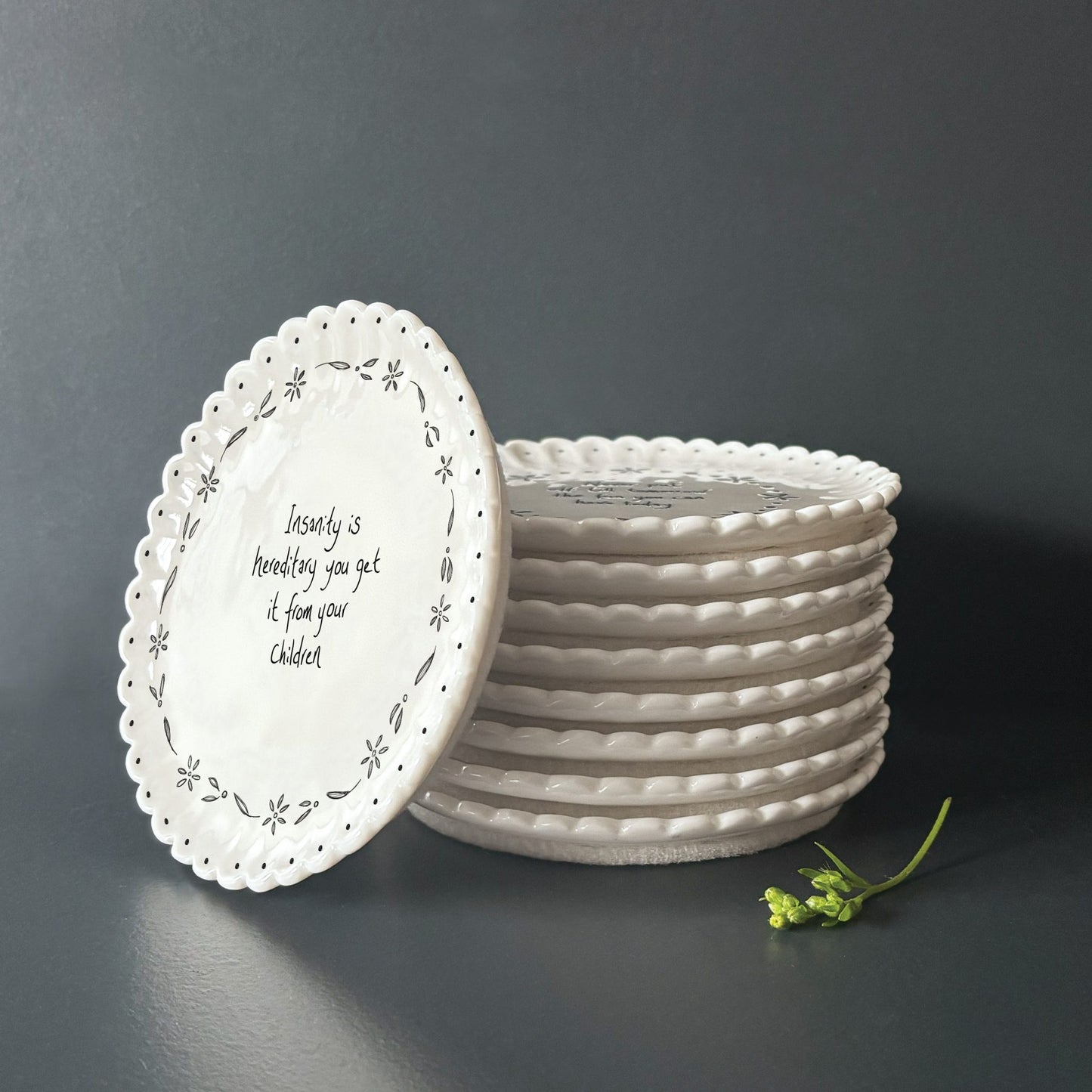 Porcelain scalloped round coaster - Insanity is hereditary, you get it from your children