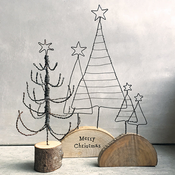 Handmade Wire Christmas Trees on wood - Merry Christmas