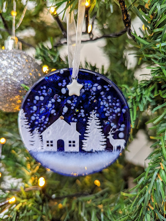 Fused Glass Hanging Decoration on Card - Cabin in the woods Blue