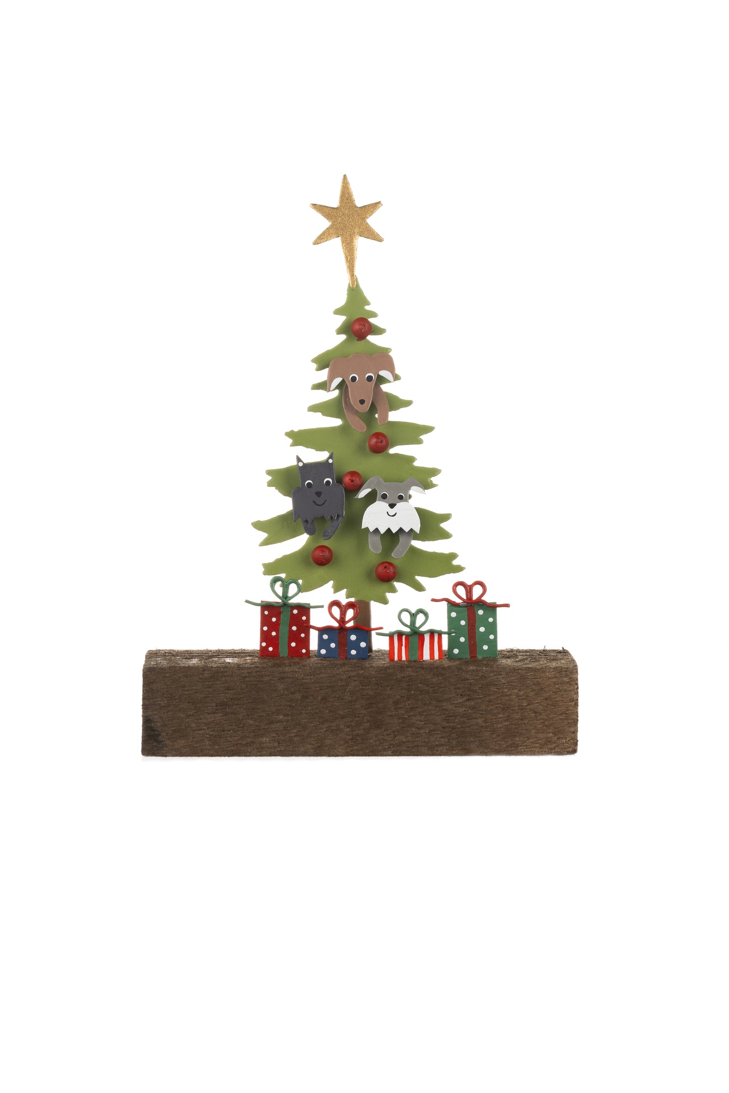 Dogs in tree ornament on wooden block