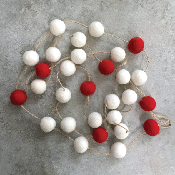 Wool Felt Eco Garland - Natural White and Red Pom Poms