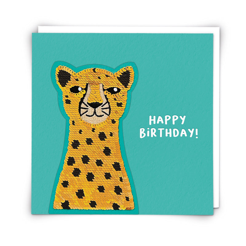 Cheetah Greetings Card with Reusable Reversible Sequin Patch