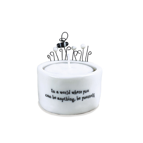 Porcelain Candle & tea light holder-In a world bee yourself