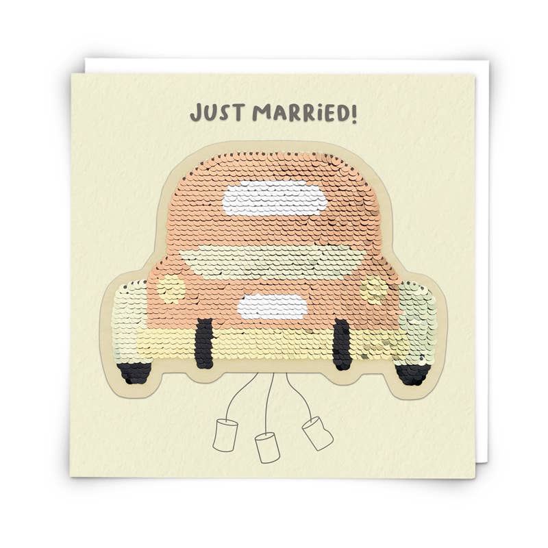 Just Married! Wedding car Greetings Card with Reusable Sequin Patch