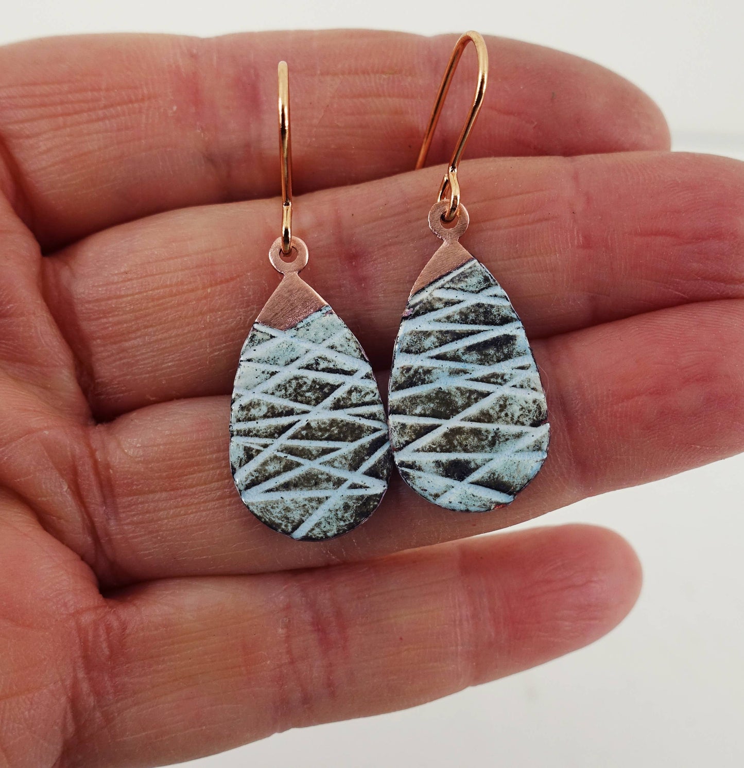 Enamel and Line Textured Copper Dangle Earrings