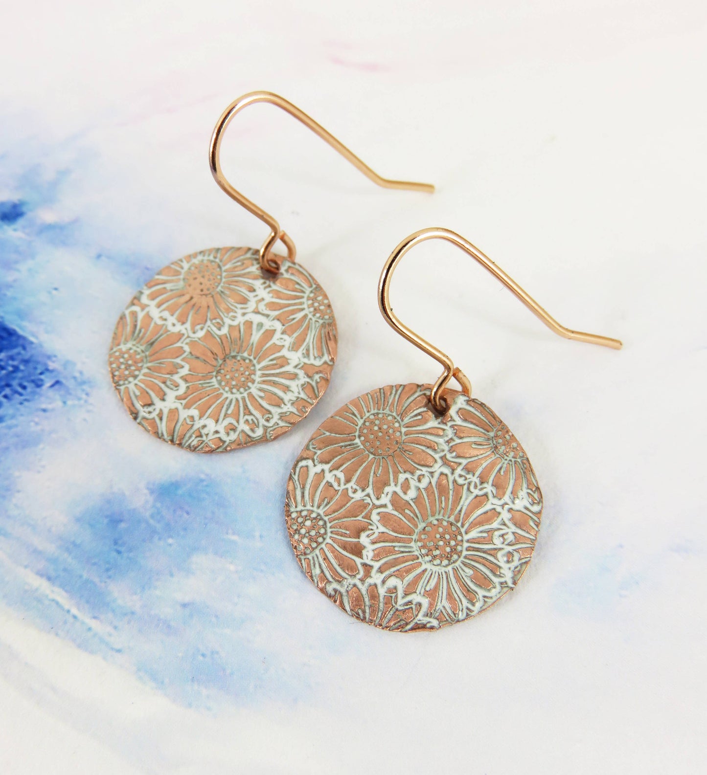 Enamel and Daisy Textured Copper Dangle Earrings