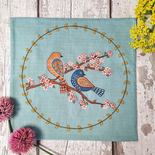 Printed Linen Embroidery Kit- Birds & Blossoms