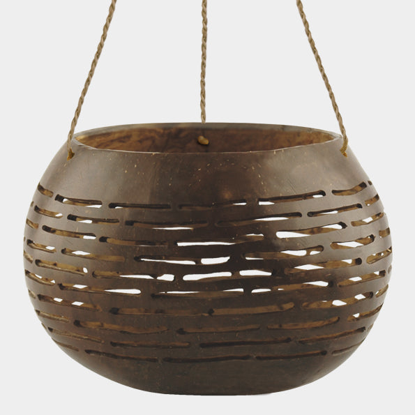Dark coconut hanging pot - horizontal lines