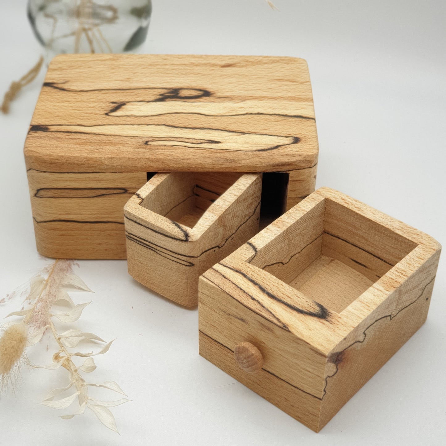 Natural edge wooden box with secret drawer - Spalted Beech