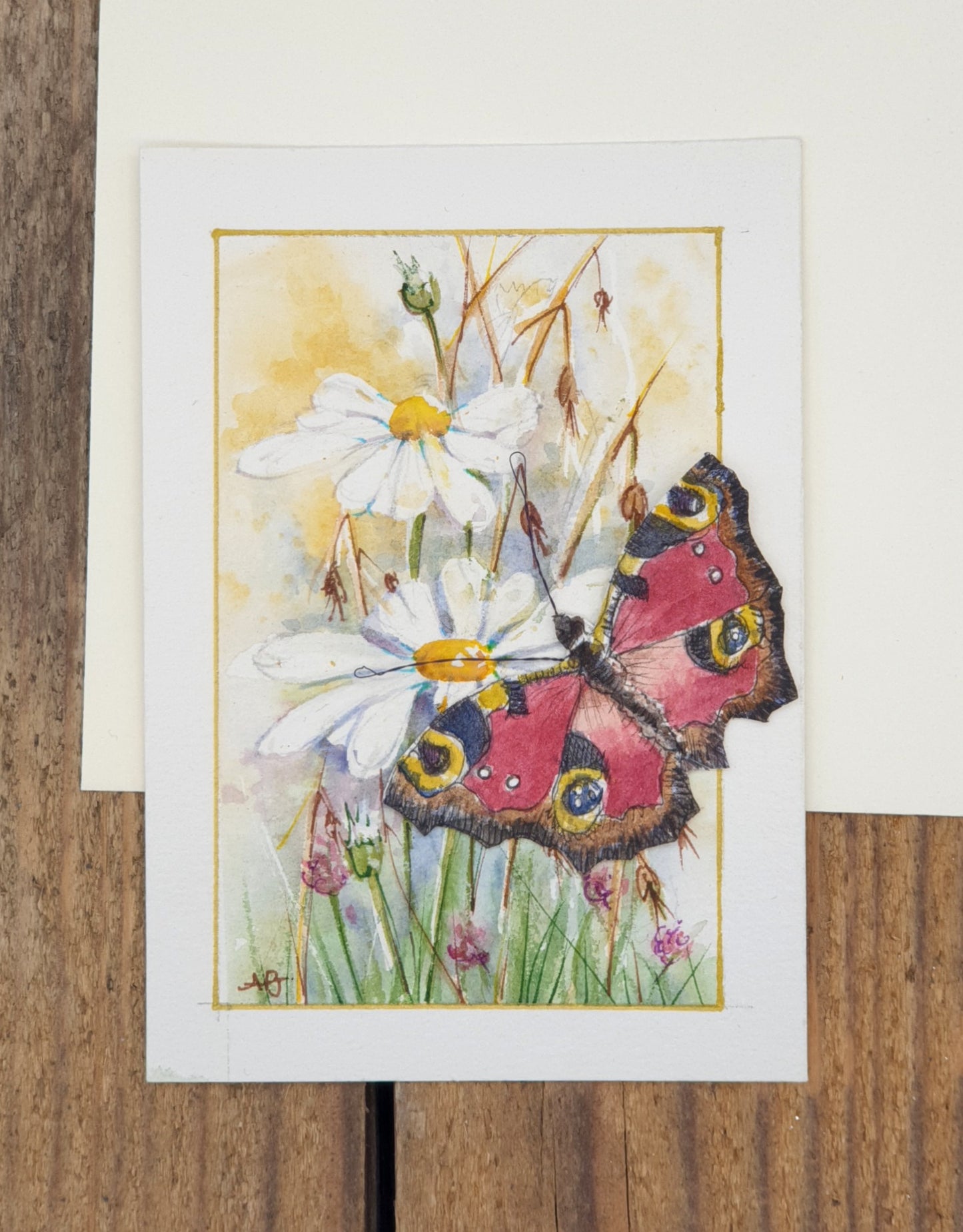 Original Watercolour Miniature - Butterfly with Daisy Meadow