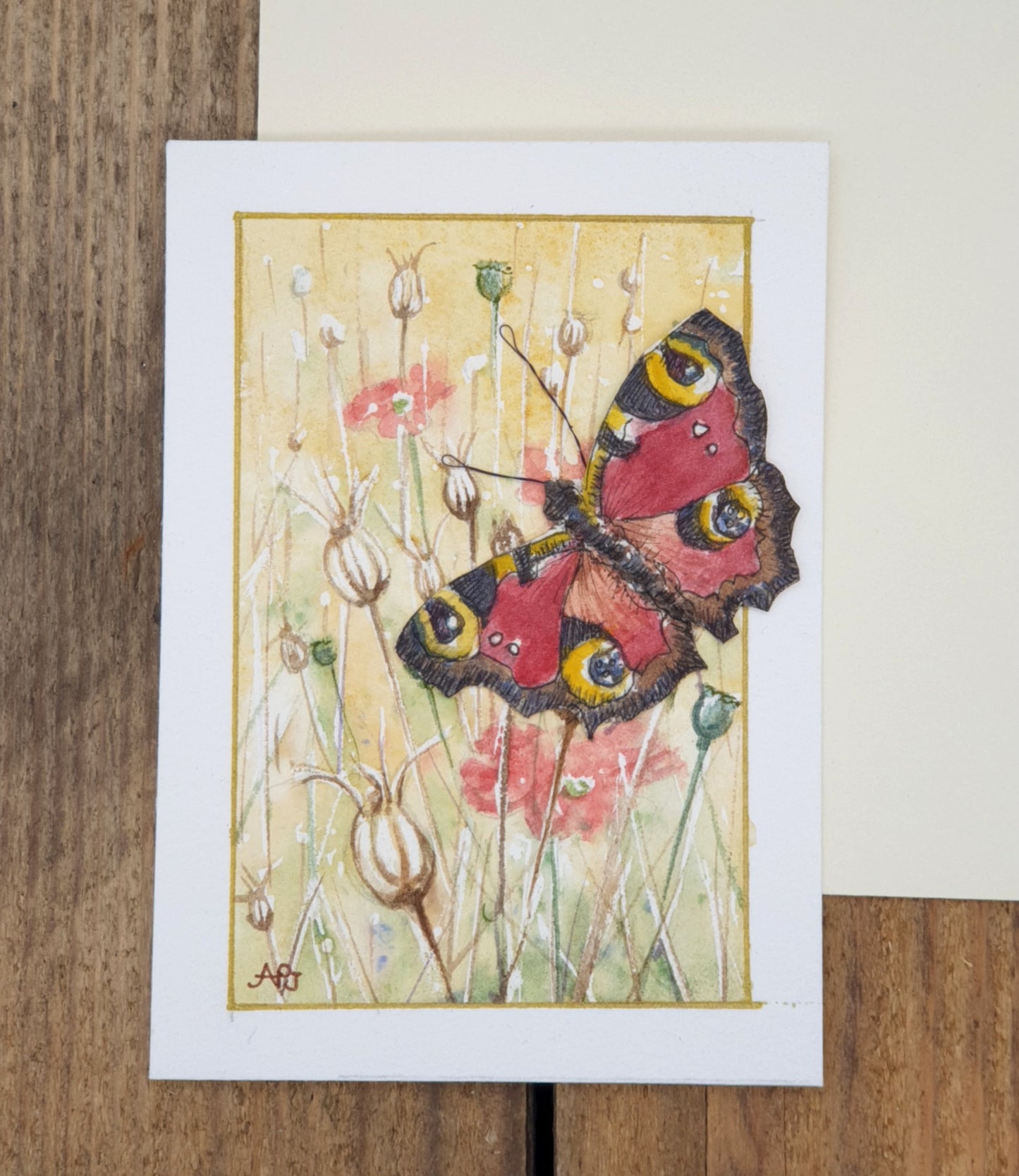 Original Watercolour Miniature - Butterfly with Poppy Meadow