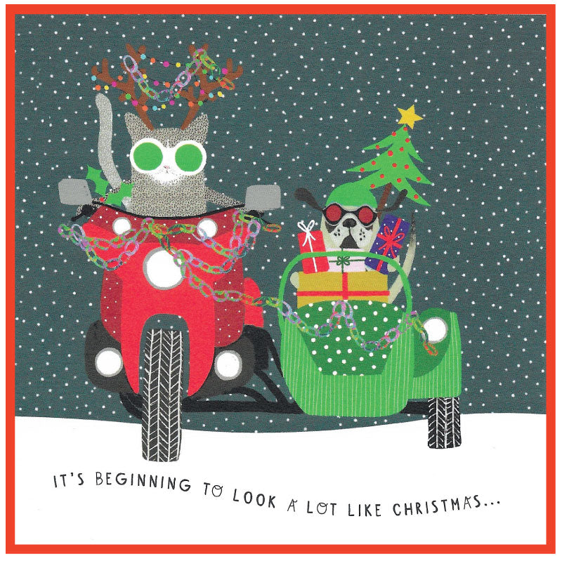 It's beginning to look a lot like Christmas - Cat and Dog on a motorbike Card