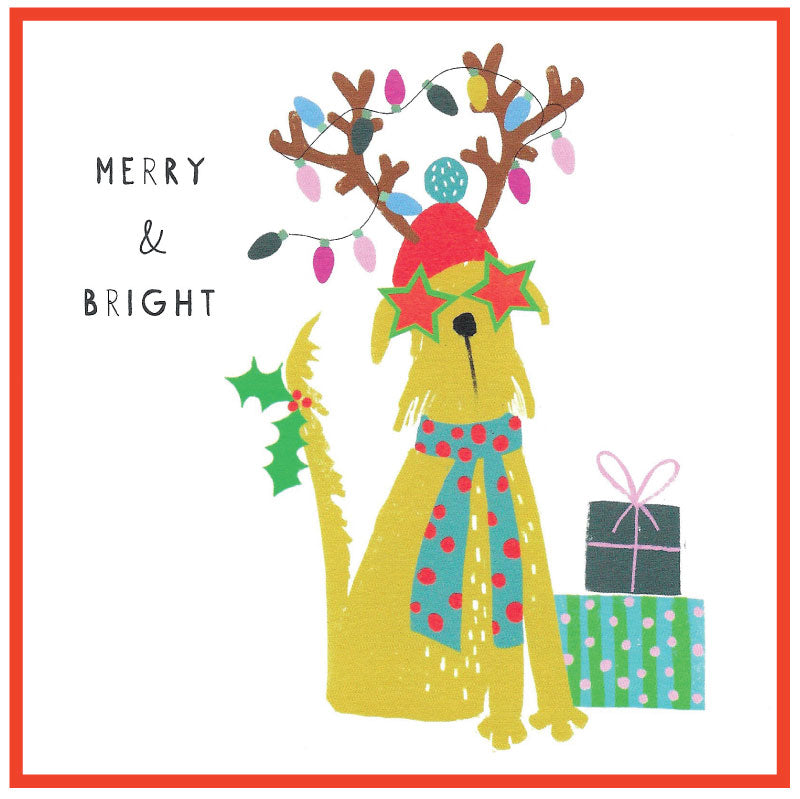 Merry & Bright - Dog in reindeer hat Christmas Card