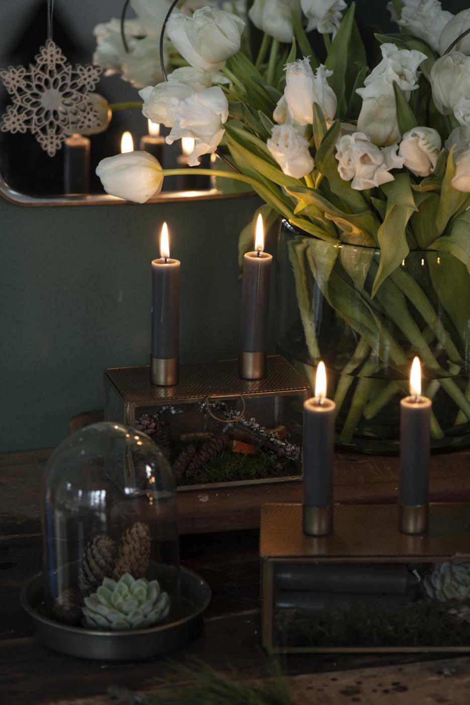 Double Candle Holder- Glass box with pierced metal lid - Antique Gold
