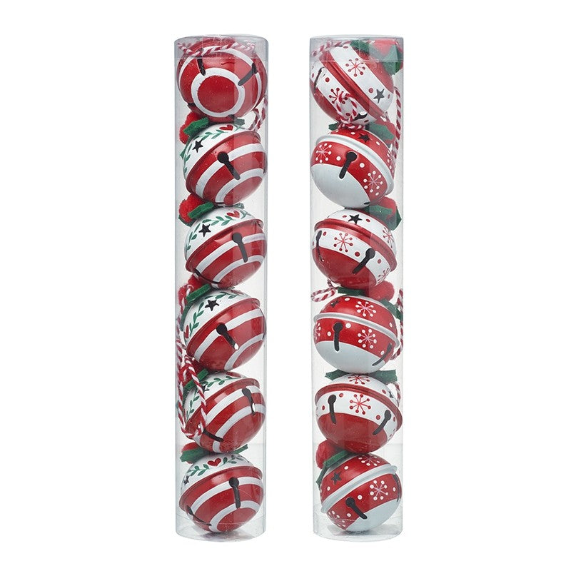 Red, White and Green set of 6 Metal Bells - Christmas Decoration