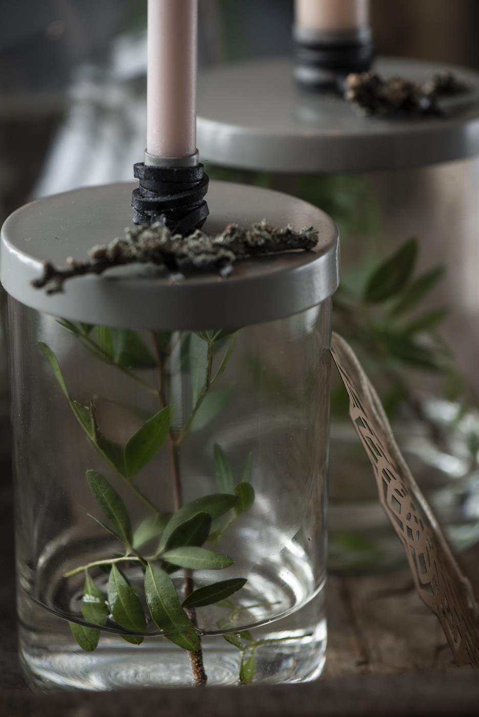Taper Candle Holder- Glass with Metal Lid