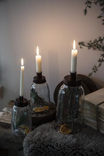 Candle Holder - Glass Jar with Metal Lid and 12 taper candles