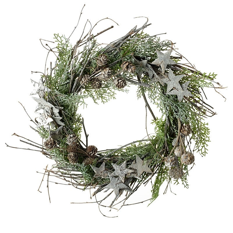 Wreath with silver stars and pine cones