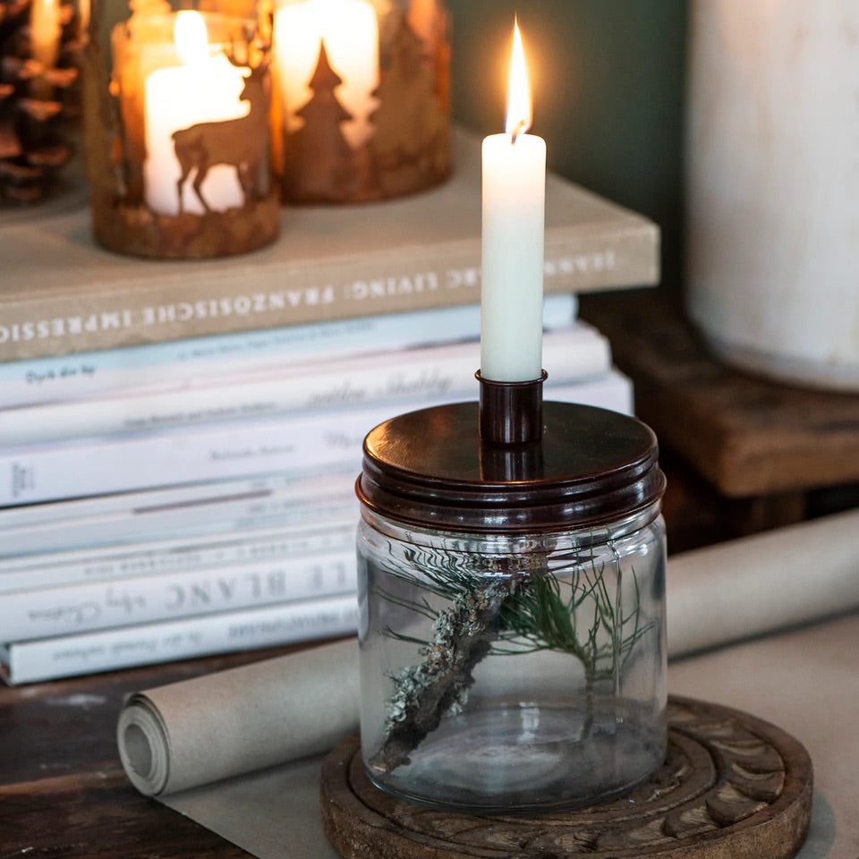 Candle Holder- Glass with Bronze colour metal Screw Lid