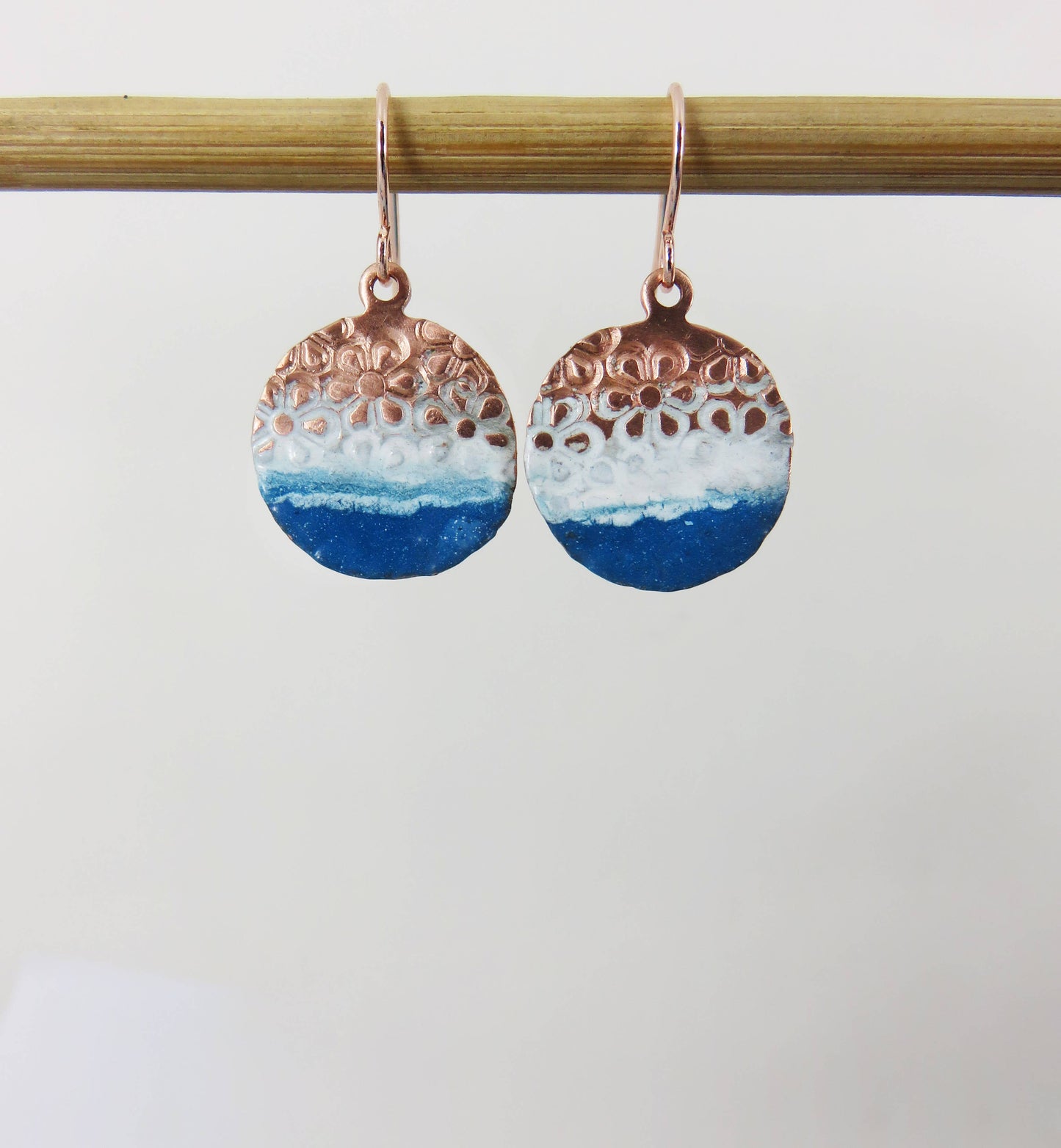 Enamel and Flower Textured Copper Earrings with Teal Enamel