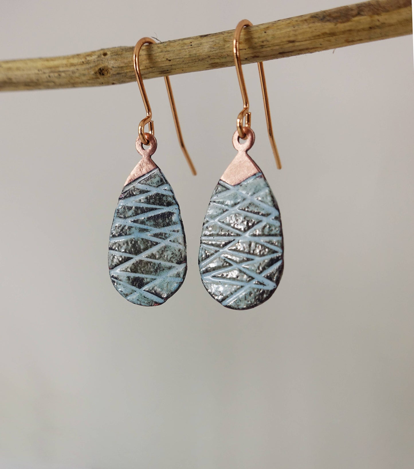 Enamel and Line Textured Copper Dangle Earrings