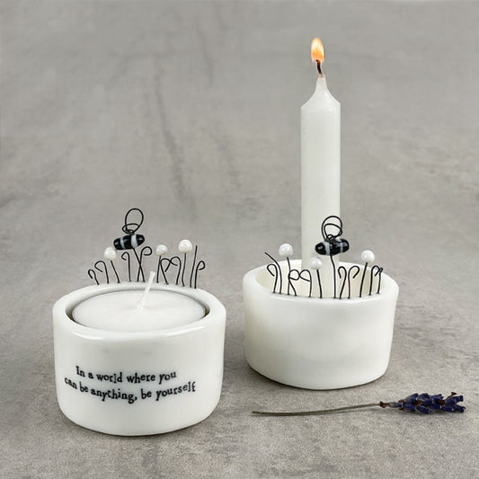 Porcelain Candle & tea light holder-In a world bee yourself
