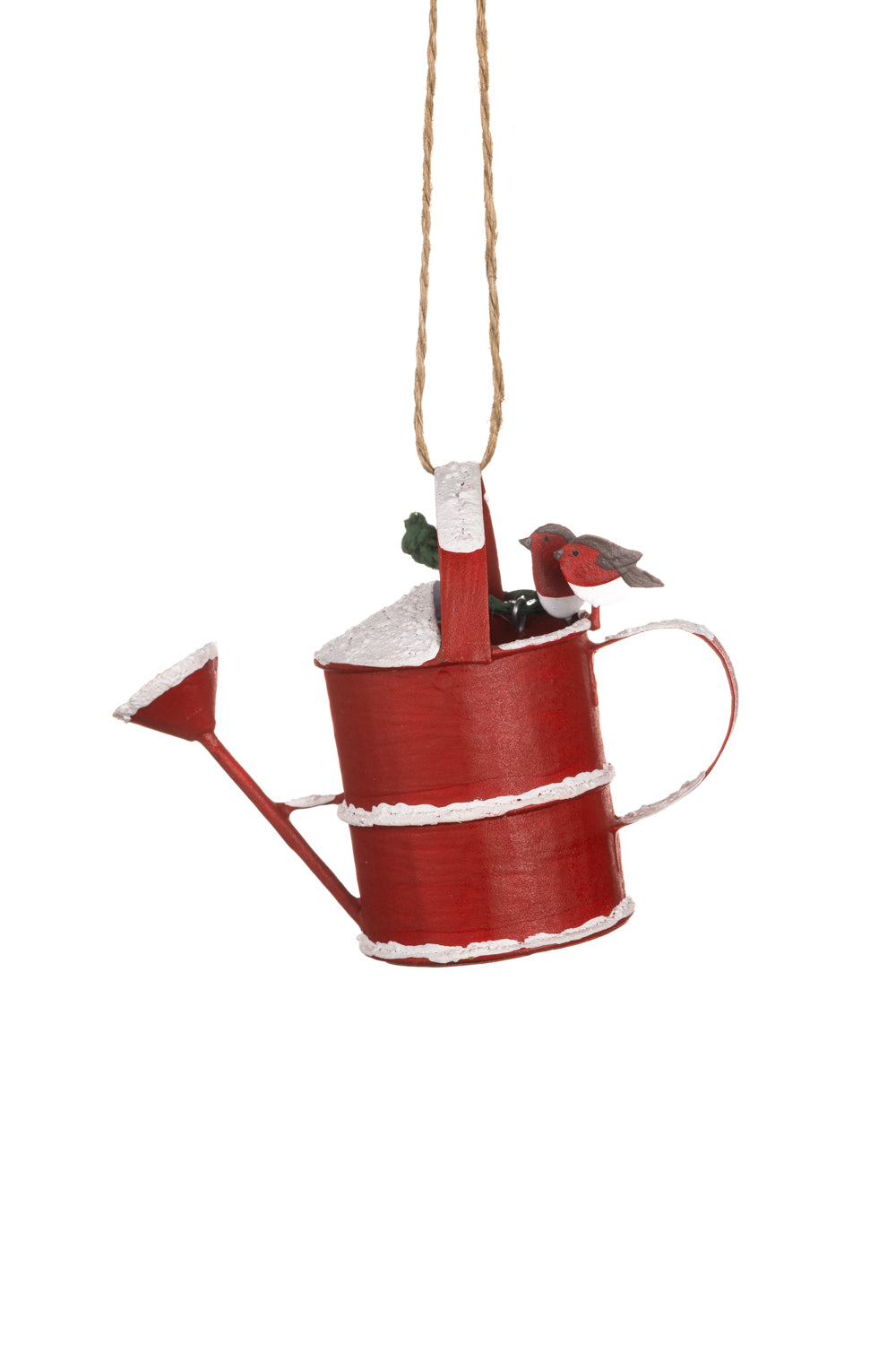 Robins on watering can with heart