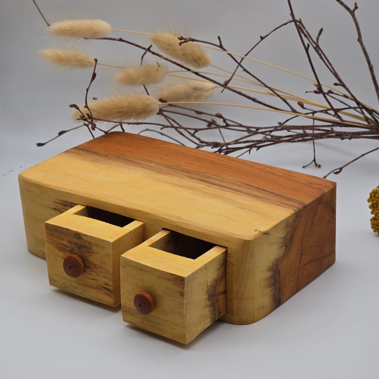 Natural edge wooden box, double with secret drawer - Yew