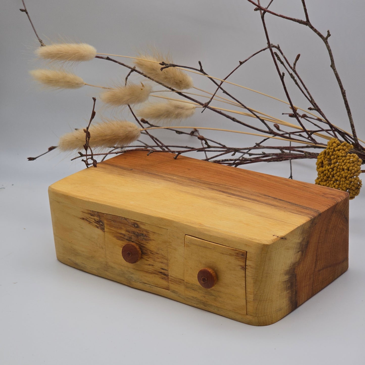 Natural edge wooden box, double with secret drawer - Yew
