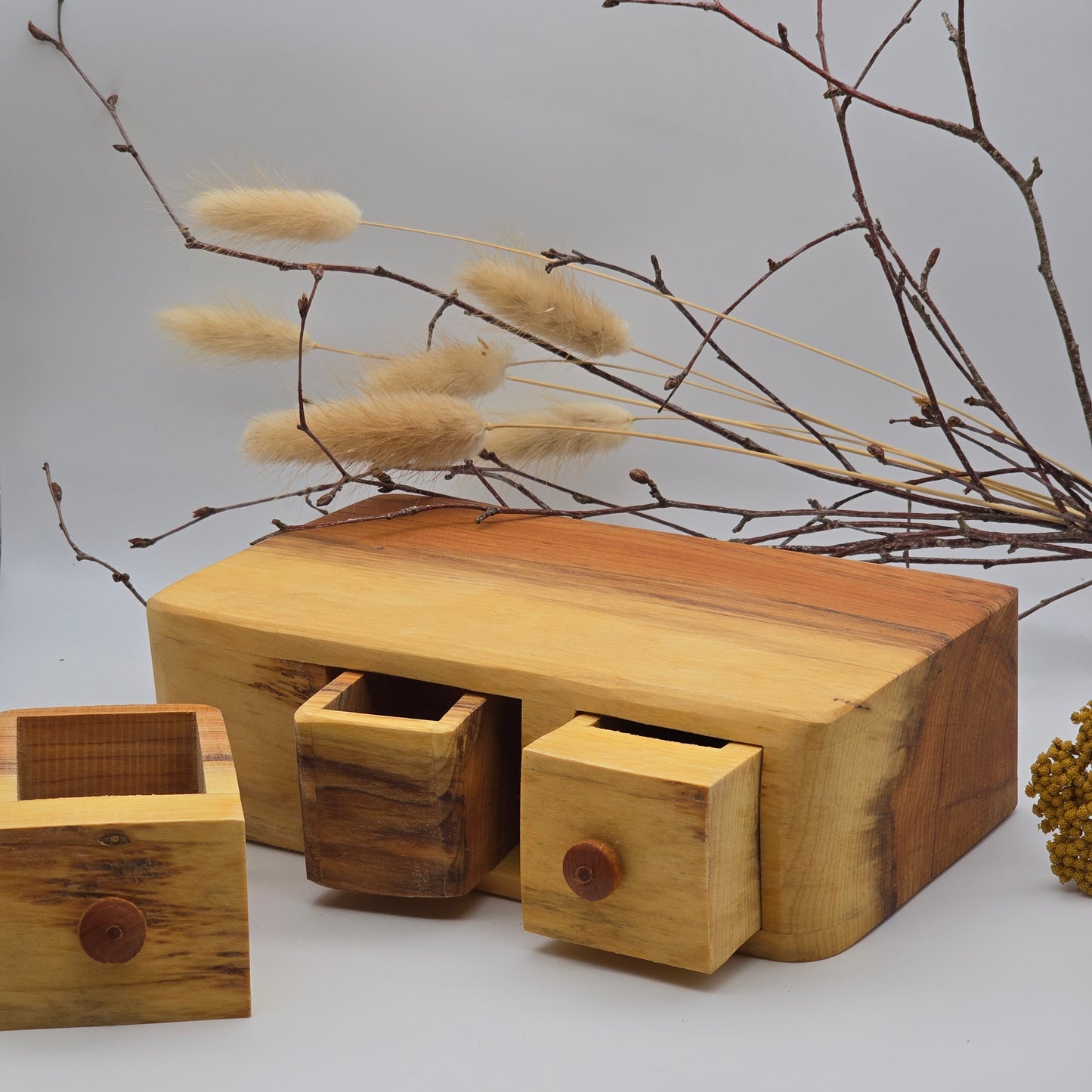 Natural edge wooden box, double with secret drawer - Yew