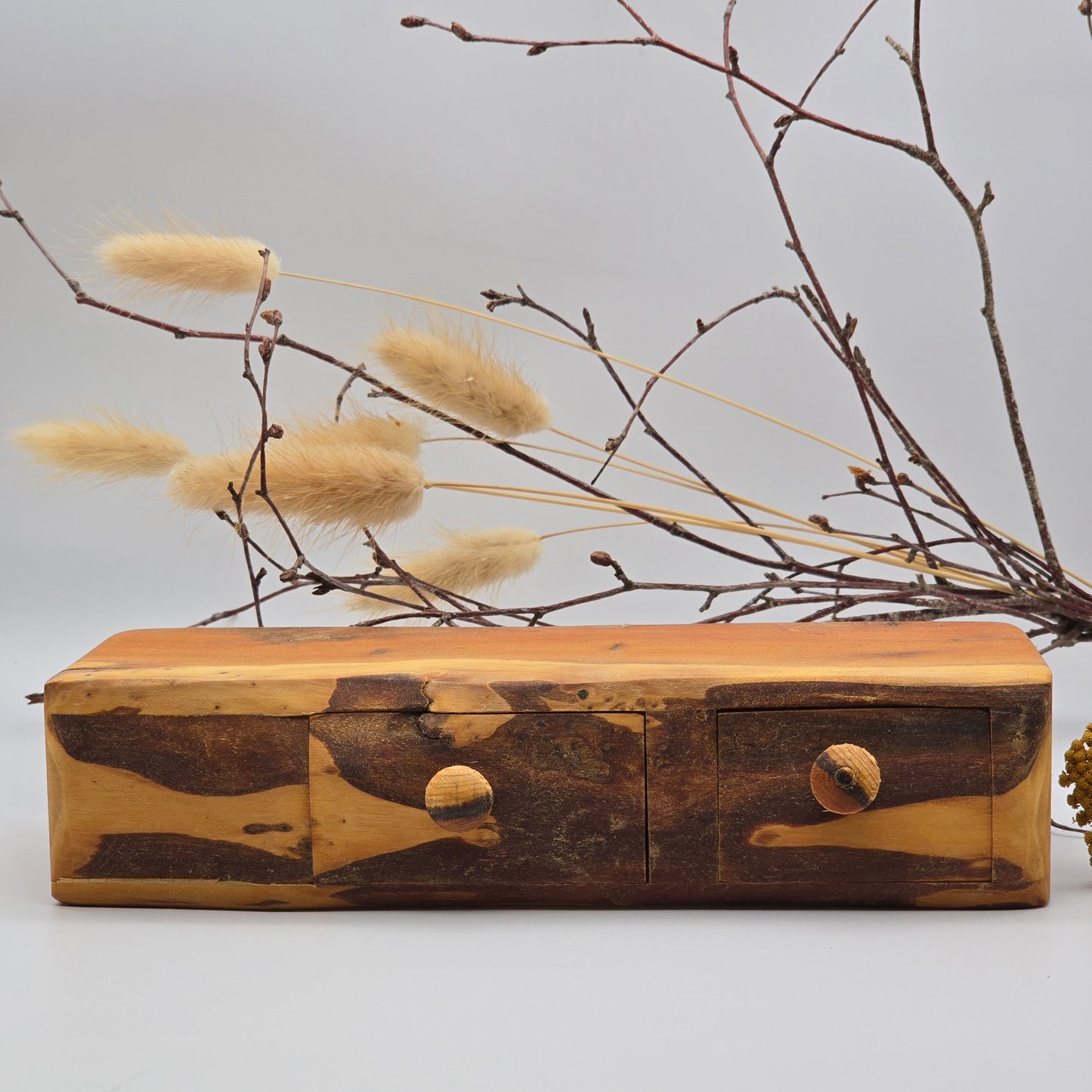 Natural edge wooden box, double with secret drawer - Yew