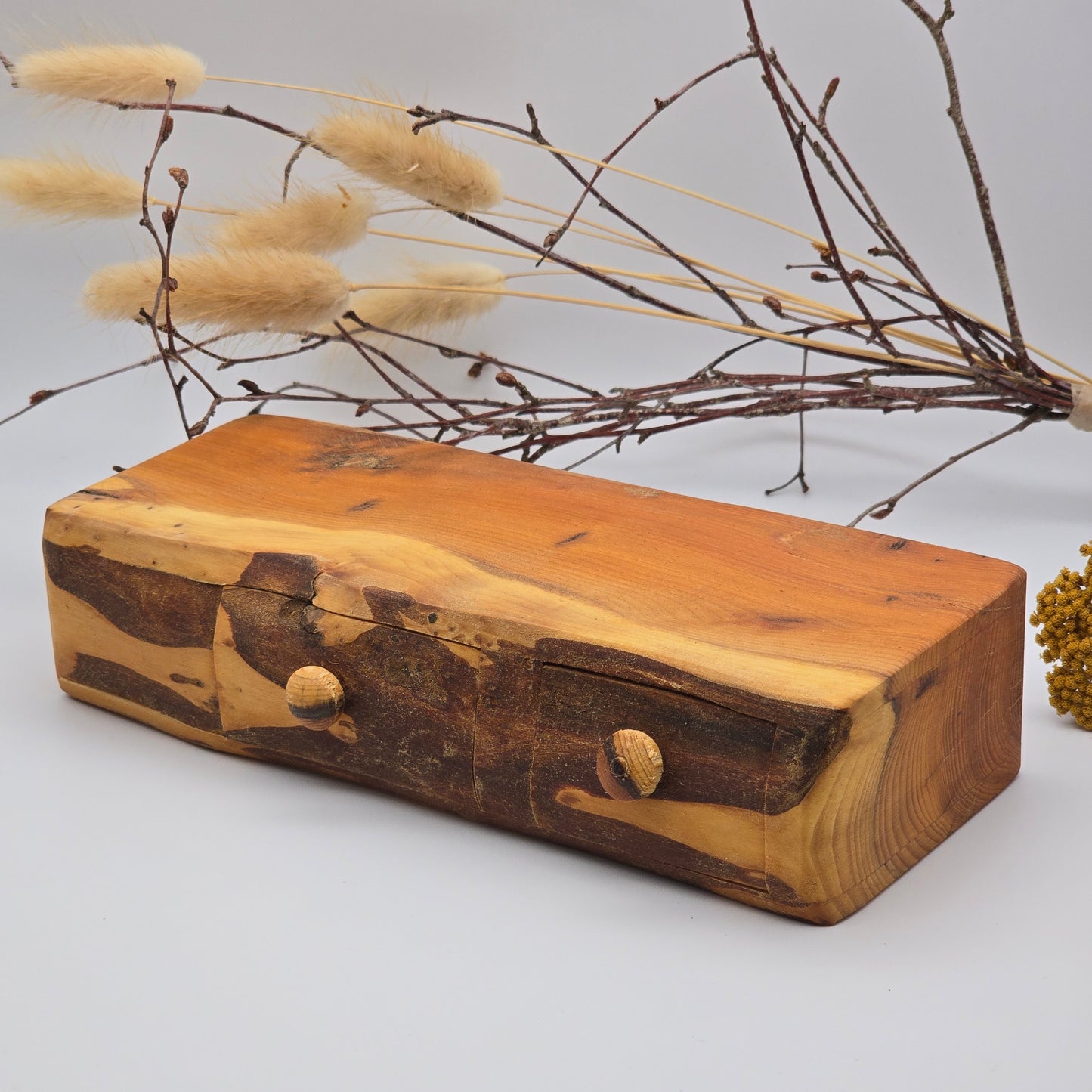 Natural edge wooden box, double with secret drawer - Yew