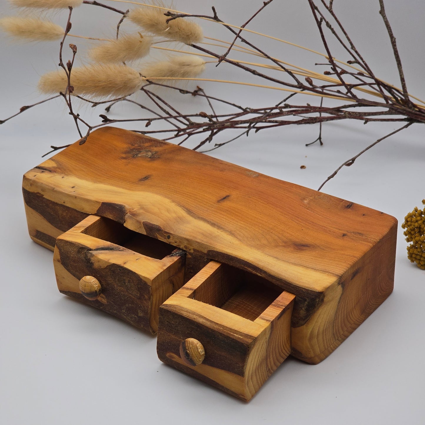 Natural edge wooden box, double with secret drawer - Yew