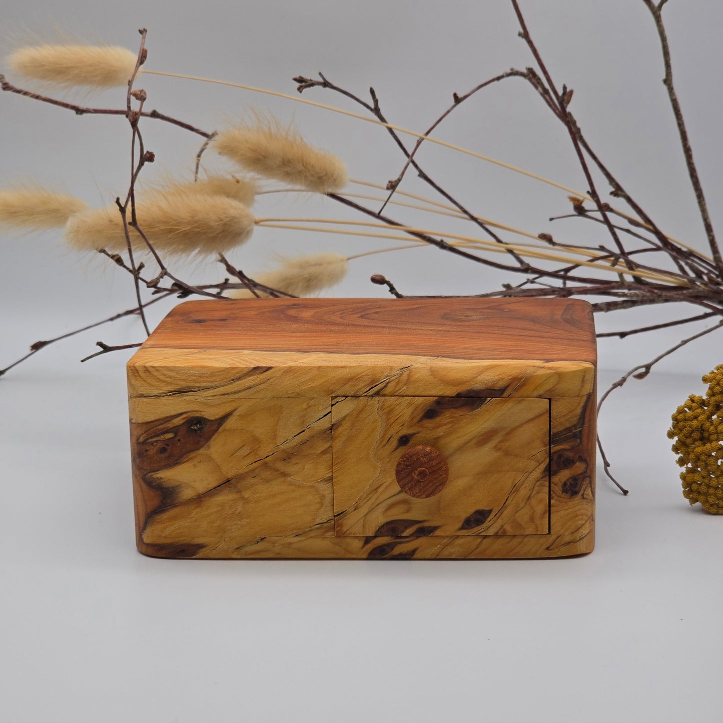 Natural edge wooden box with secret drawer - Yew