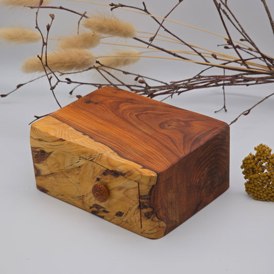 Natural edge wooden box with secret drawer - Yew