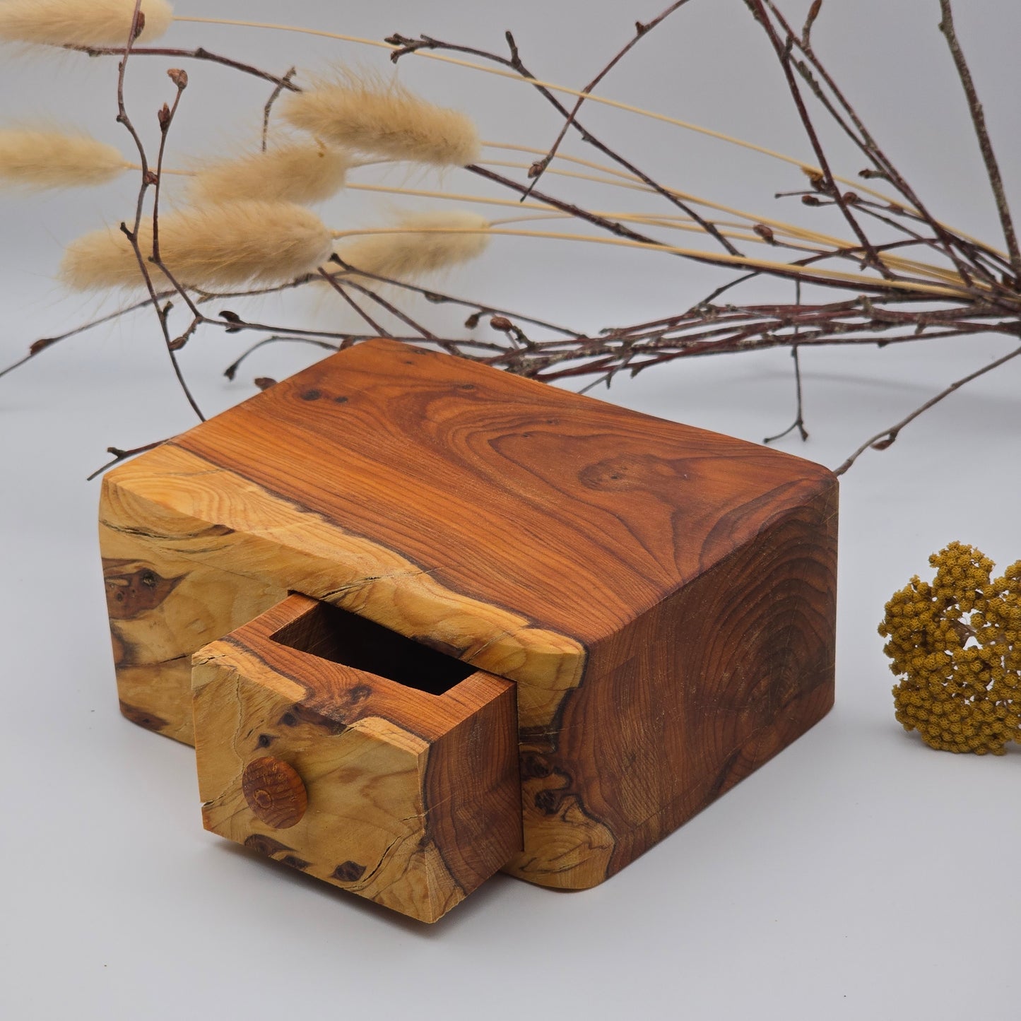 Natural edge wooden box with secret drawer - Yew