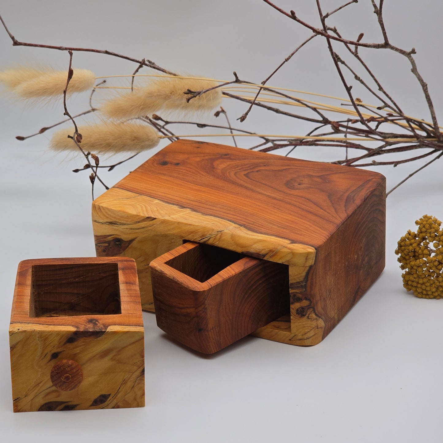 Natural edge wooden box with secret drawer - Yew