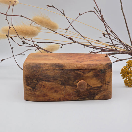 Natural edge wooden box with secret drawer - Elm Burr
