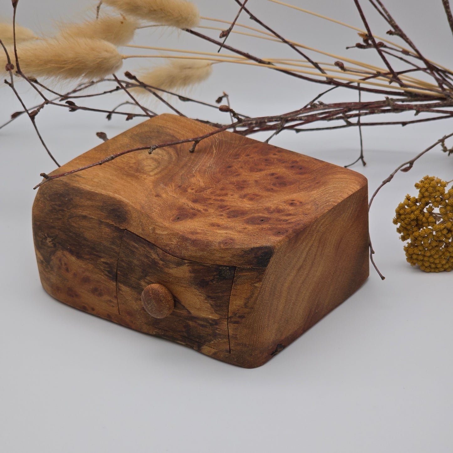 Natural edge wooden box with secret drawer - Elm Burr