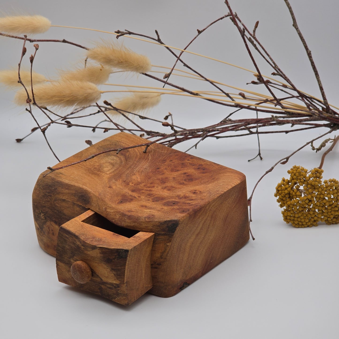 Natural edge wooden box with secret drawer - Elm Burr