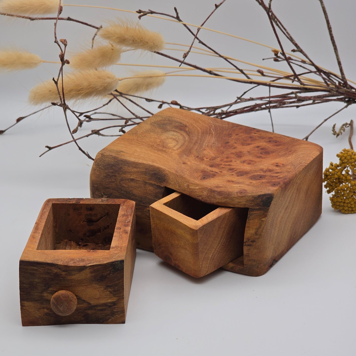 Natural edge wooden box with secret drawer - Elm Burr