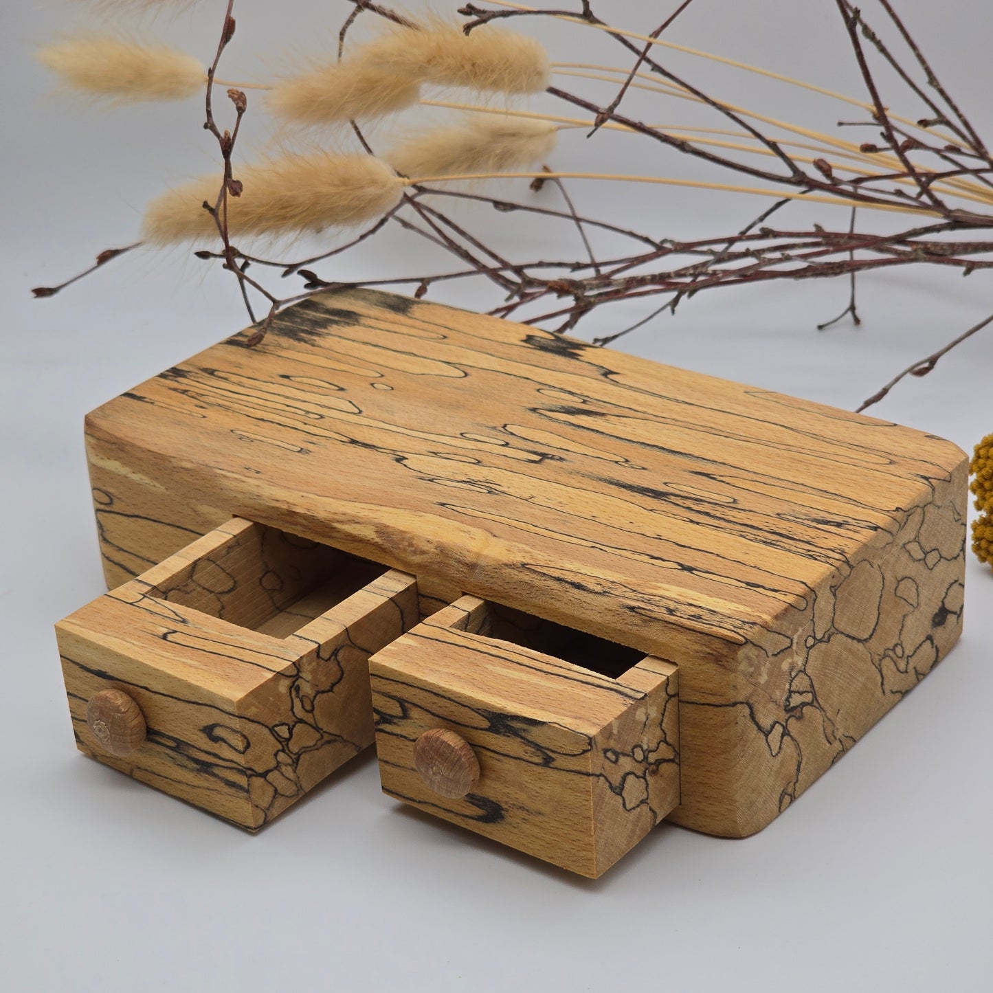 Natural edge wooden double box with secret drawer - Spalted Beech