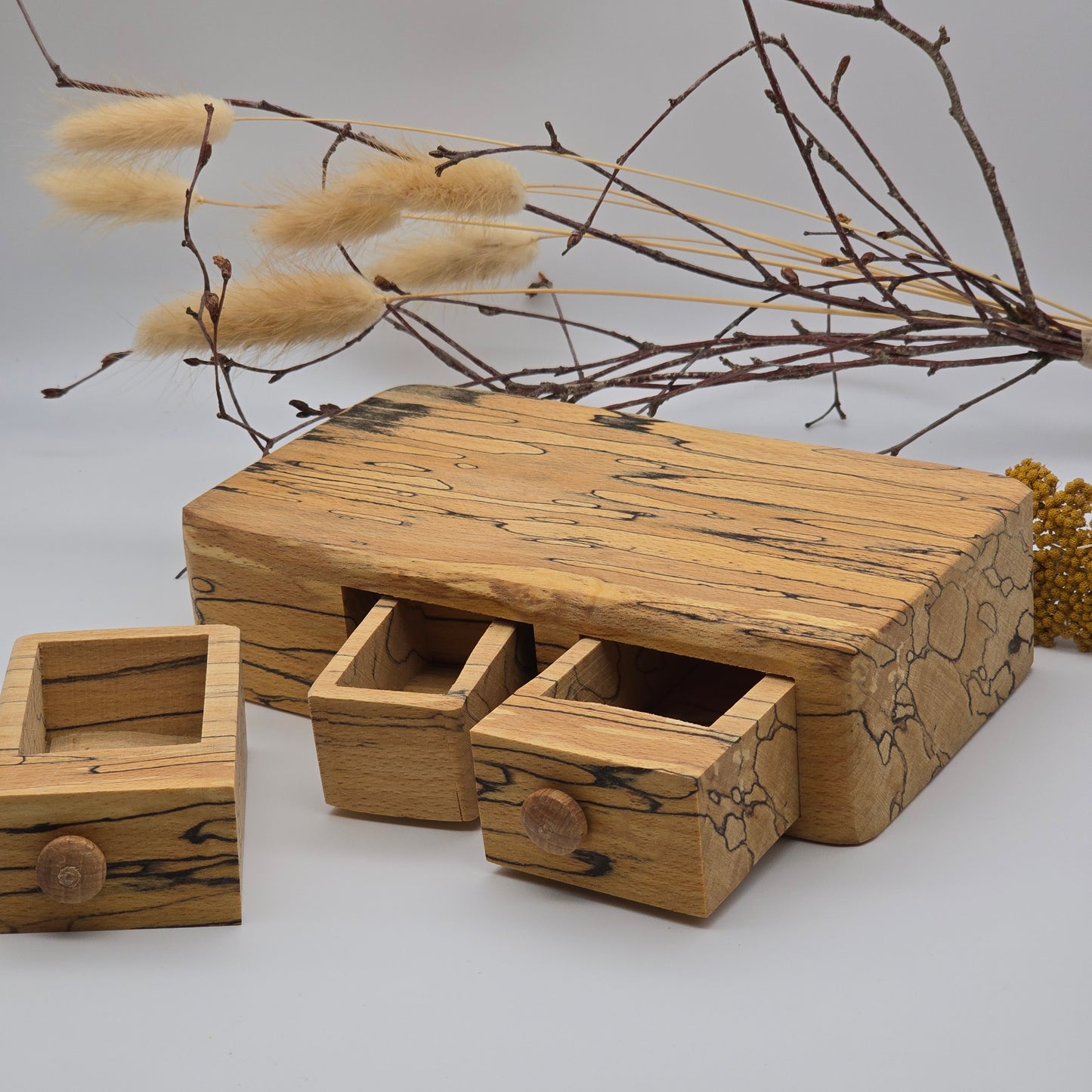 Natural edge wooden double box with secret drawer - Spalted Beech