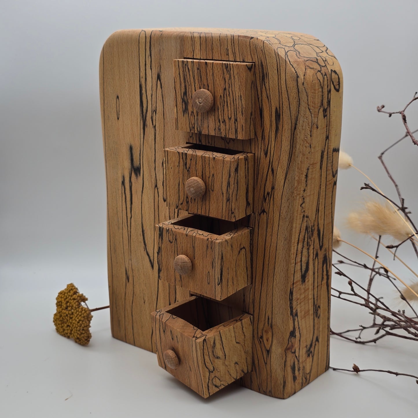 Natural edge wooden quadruple drawer block with secret four drawer stack - Spalted Beech