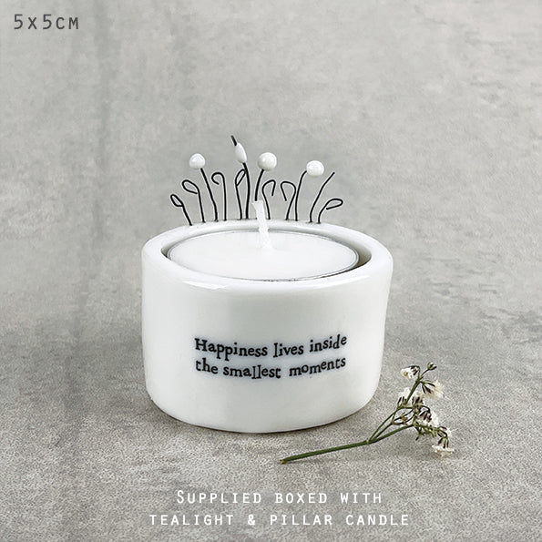 Porcelain Candle & tea light holder- Happiness lives inside