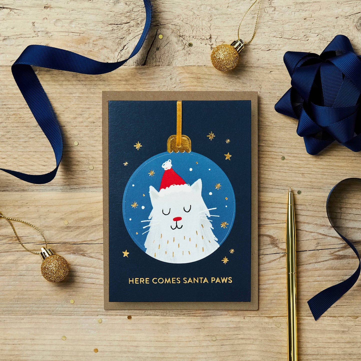 Santa Paws Cat Pop-out Christmas Bauble Card